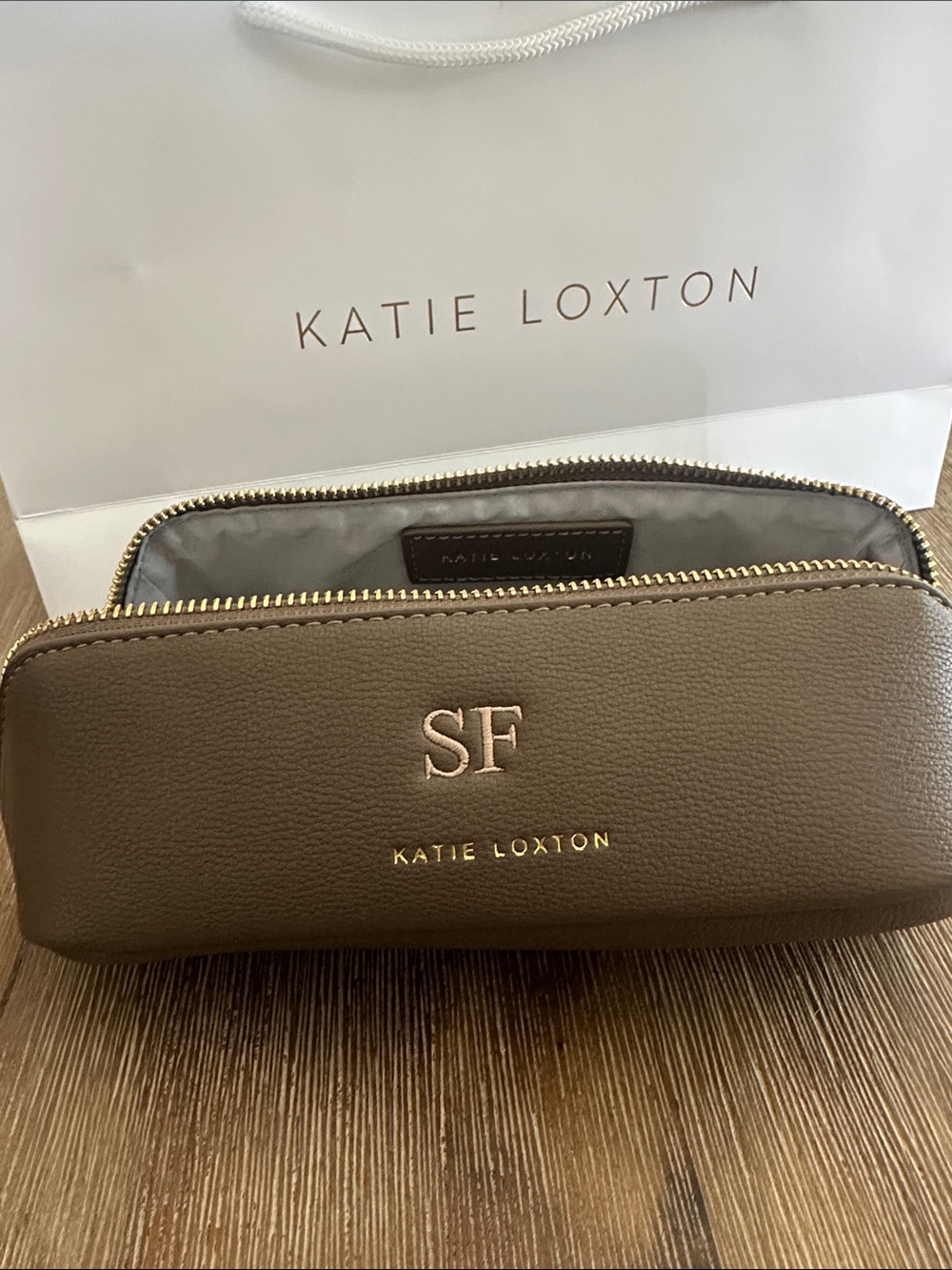 Katie Loxton Brown Monogram Cosmetic Pouch with Gold Zipper